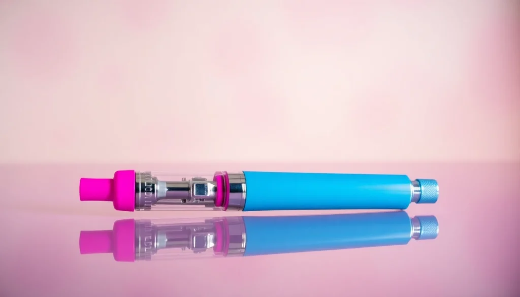 Show a vibrant candy vape pen showcasing its colorful design against a soft gradient background.