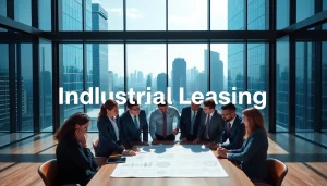 Engaging professionals collaborating in an industrial leasing office, showcasing modern workspace.