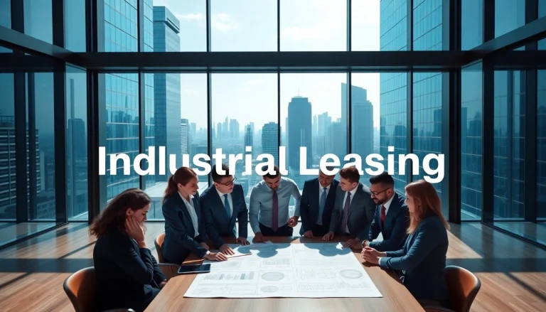 Engaging professionals collaborating in an industrial leasing office, showcasing modern workspace.