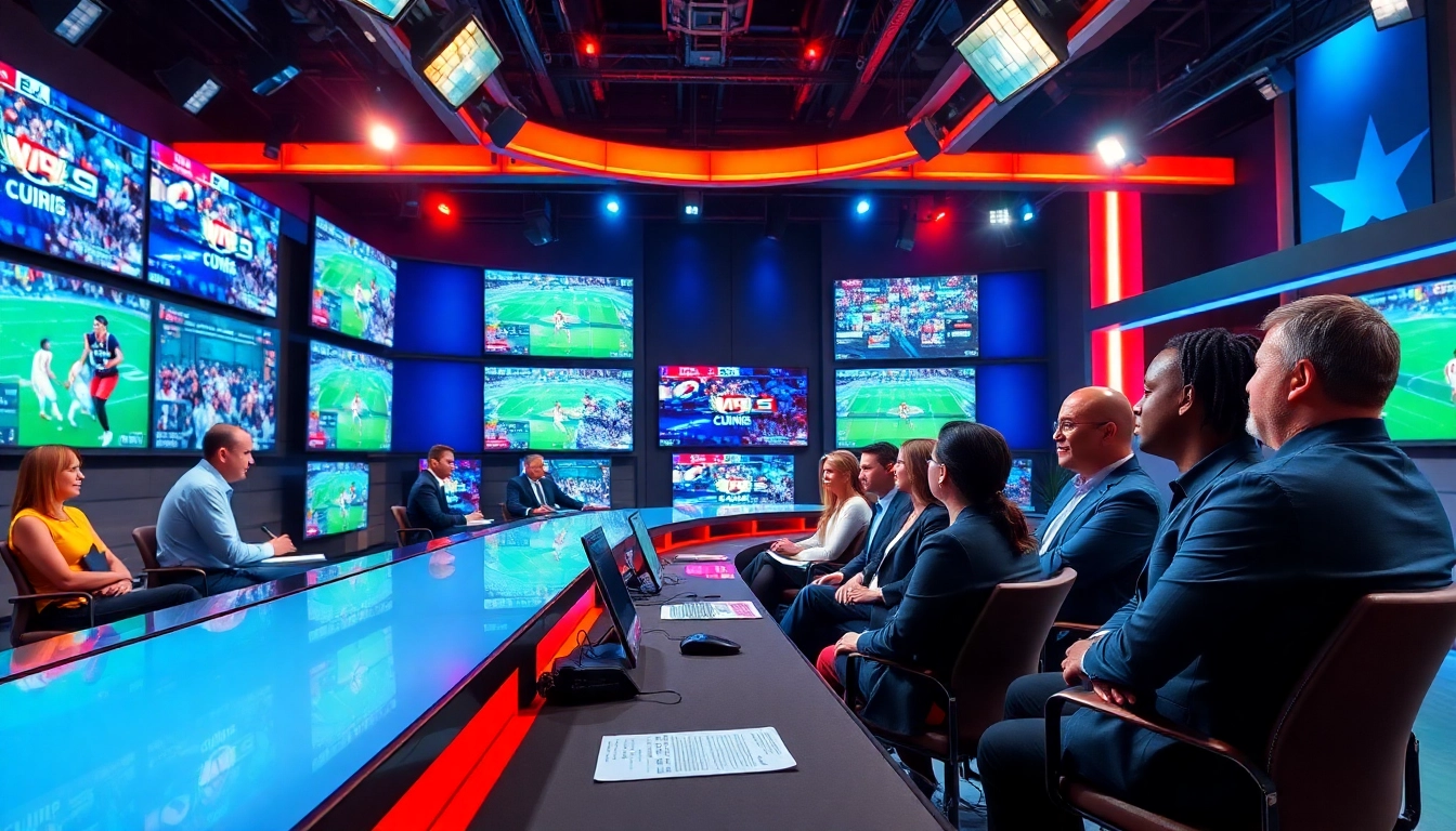 Engaging broadcasters discussing Sports broadcasting in a vibrant, modern studio setting.