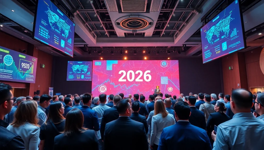 Crypto 2026 conference showcasing professionals networking with digital displays of cryptocurrency trends.
