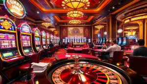 Exciting gameplay at www.nohudoithuong.us with luxurious casino tables and vibrant slot machines.