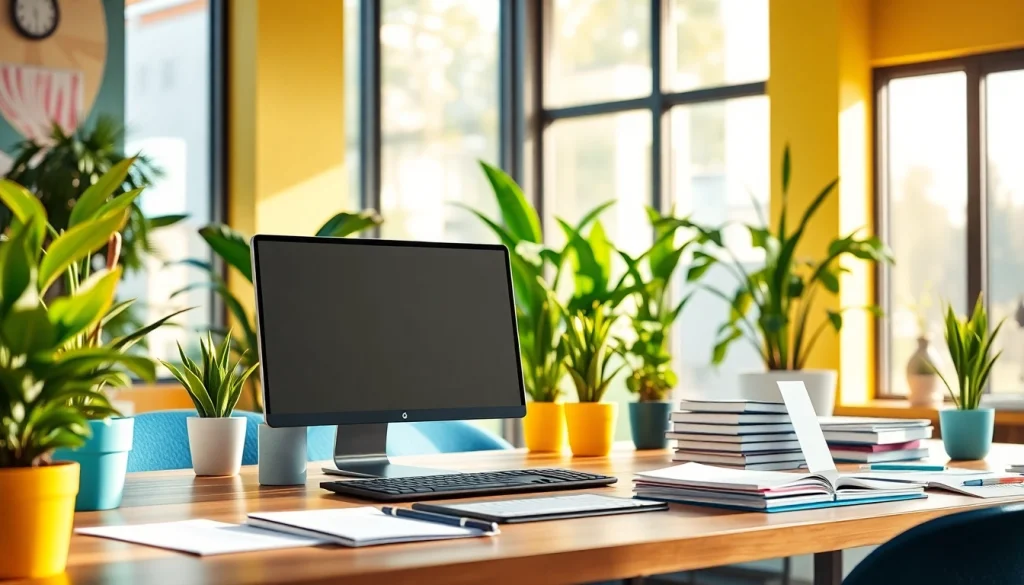 Brightet workspace promoting productivity with modern technology and vibrant decor.