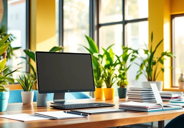 Brightet workspace promoting productivity with modern technology and vibrant decor.