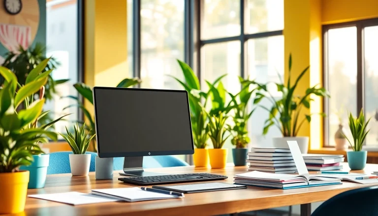 Brightet workspace promoting productivity with modern technology and vibrant decor.