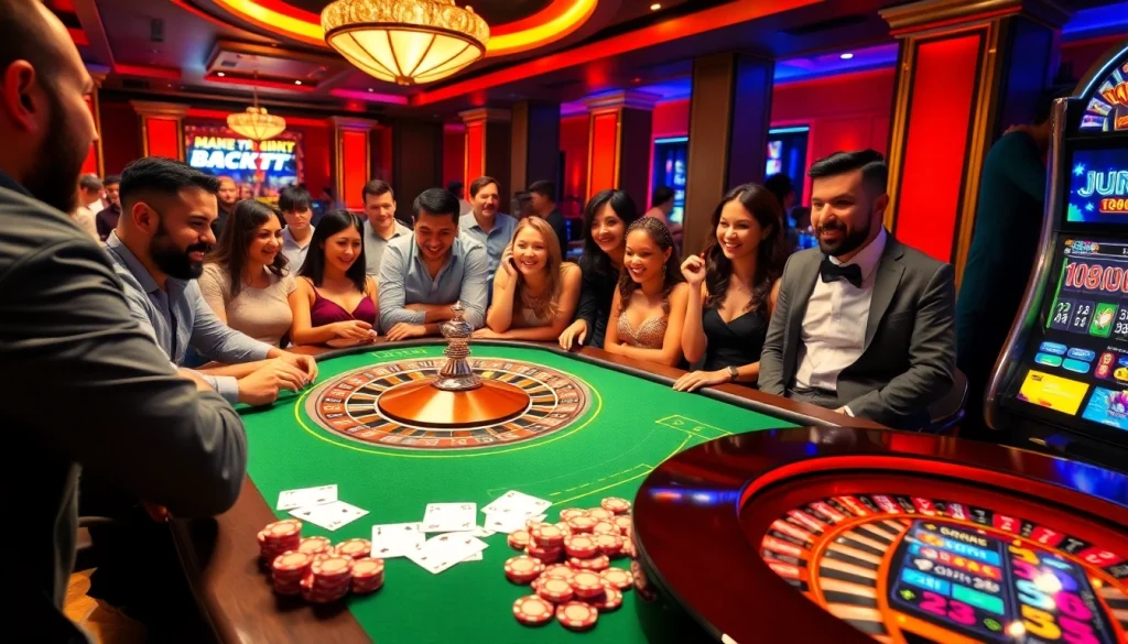 Jun88 casino experience with vibrant roulette tables and excited players enjoying high-stakes gaming.