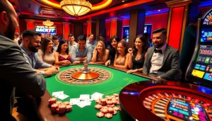 Jun88 casino experience with vibrant roulette tables and excited players enjoying high-stakes gaming.