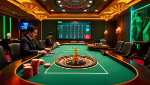 KJC online gamblers enjoying a high-stakes poker game at a luxurious casino table.