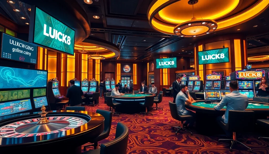 LUCK8 players enjoying a high-stakes poker game in a luxurious casino atmosphere.
