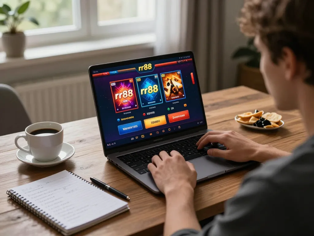 Engaged player using rr88 on a laptop at home, focusing on online casino gameplay.