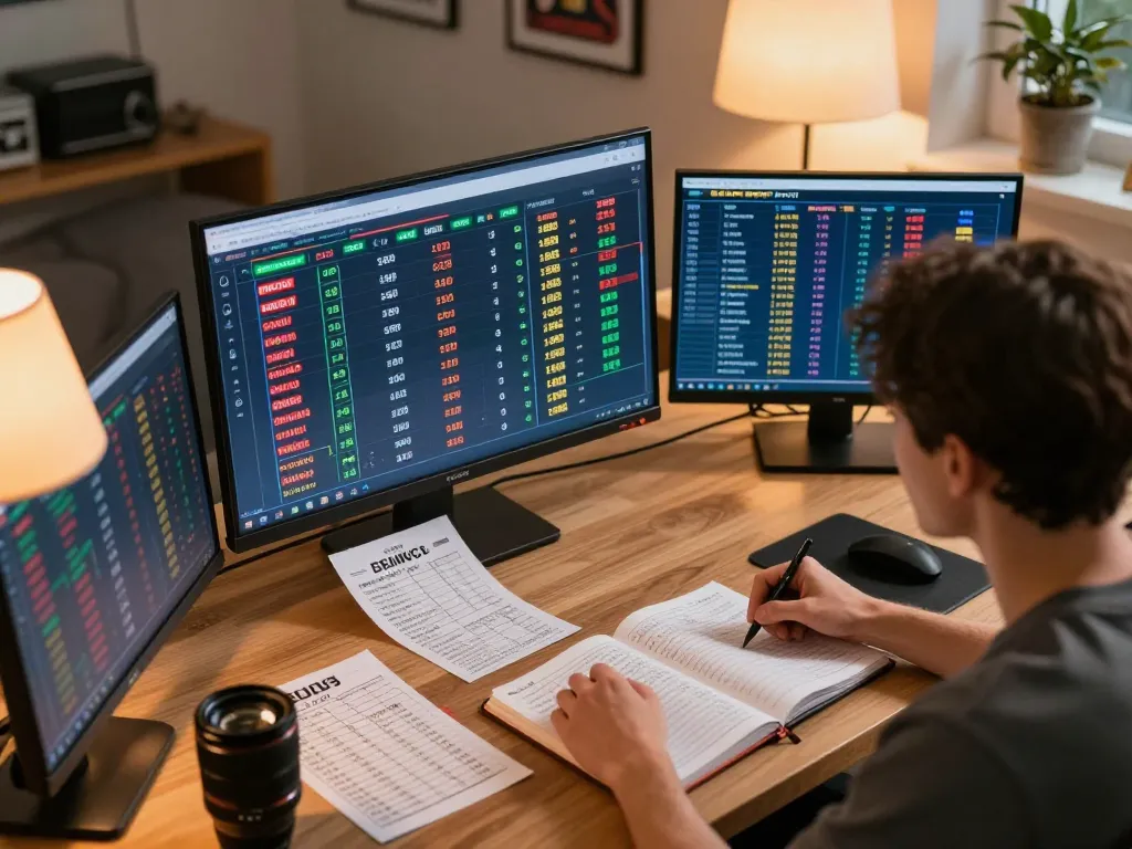 Engaging in strategic sports betting analysis online on Ok9, surrounded by betting slips and results.