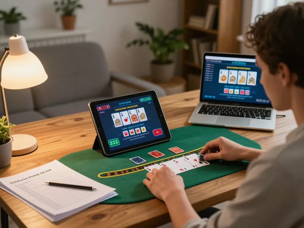 Experience LV88 online blackjack gaming with strategic notes and tablet interface in cozy home setting