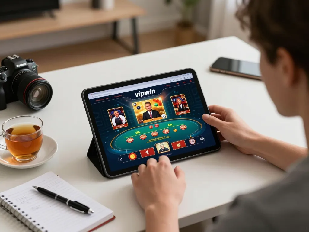 Engaged player strategizing at vipwin online casino on a tablet with poker graphics.