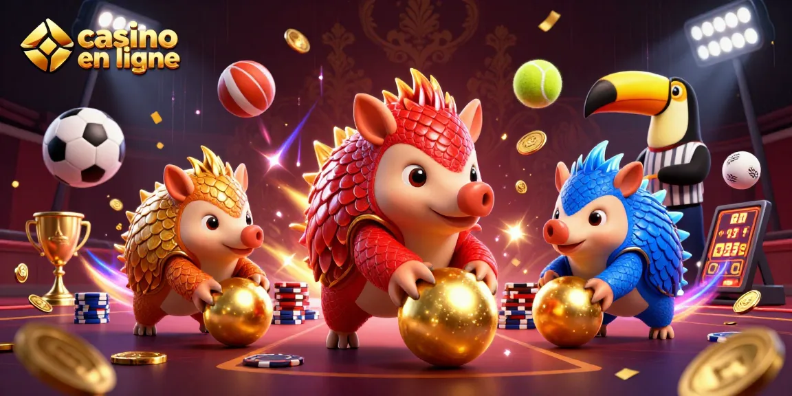 Des pangolins rivalisent dans un casino en ligne en jonglant des jetons et des billes en or.