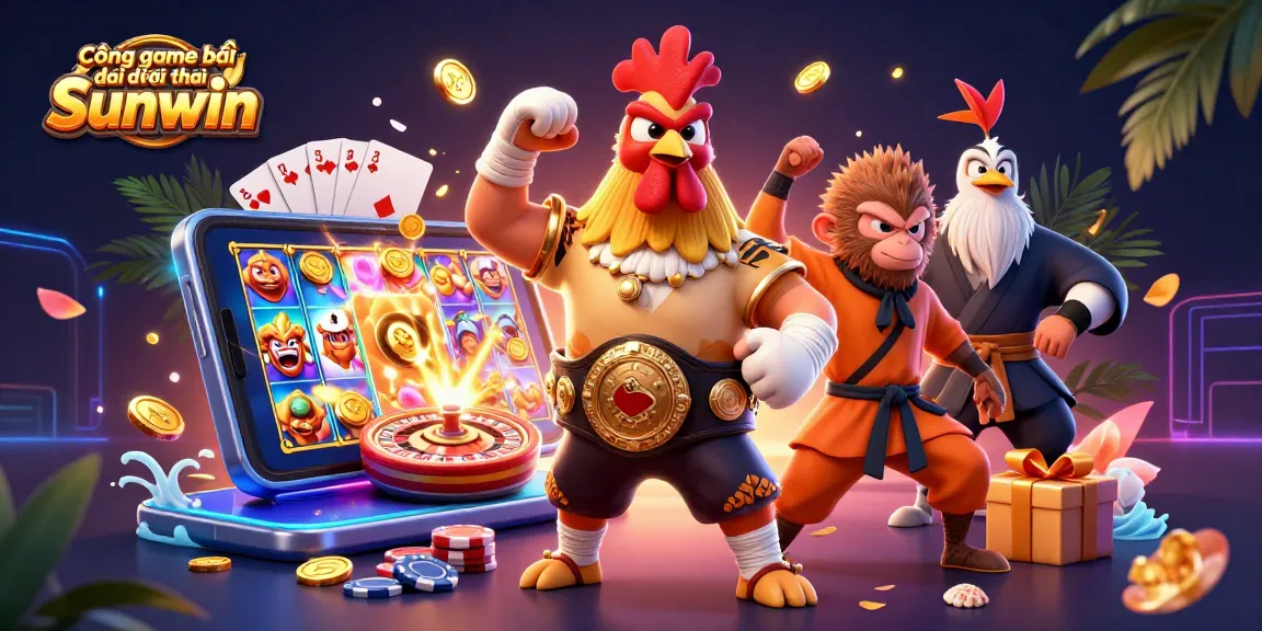 Cổng game bài đổi thưởng Sunwin offers vibrant casino experiences with characters celebrating gaming victories.