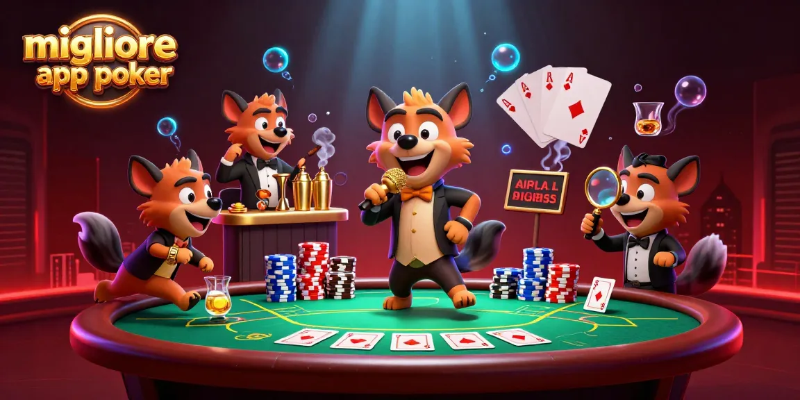 Scopri la migliore app poker con una vivace illustrata di hyena in un casinò che gioca a poker.
