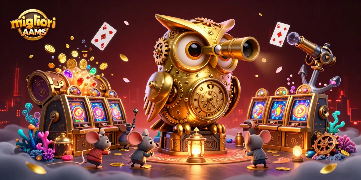 Scopri i migliori casino non AAMS e gioca con l'illustrativa scena di un gufo d'oro e topolini in un ambiente di gioco vivace.