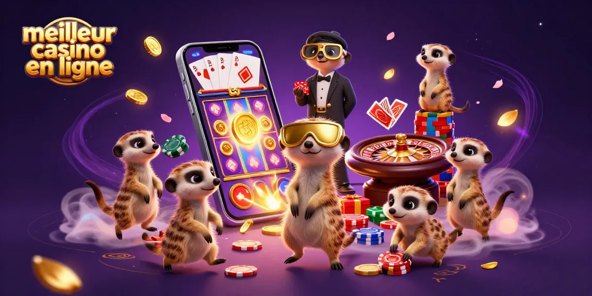 Les meerkats gèrent le meilleur casino en ligne, entourés de jeux et de jetons colorés.