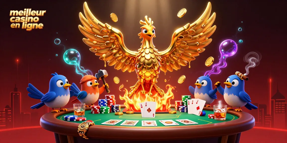 Visualisez le meilleur casino en ligne avec un phoenix en métal qui émerveille et des éléments de poker animés.