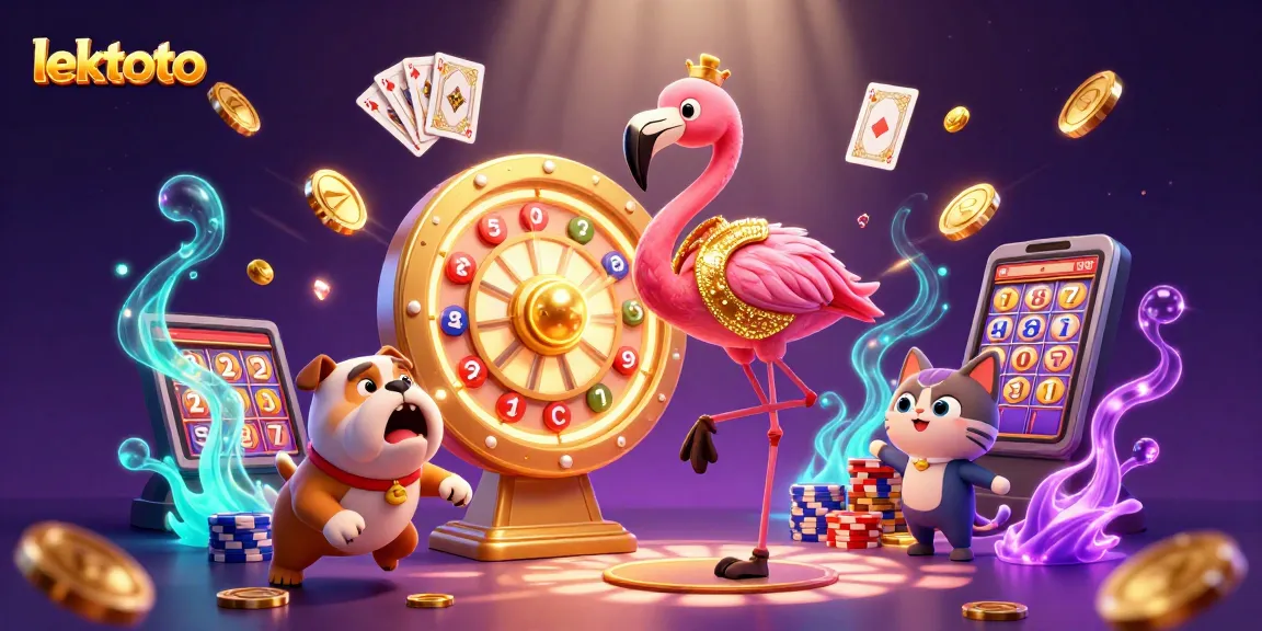 Spin the lektoto prize wheel with a flamingo host, bulldog contestant, and cat scoreboard assistant.