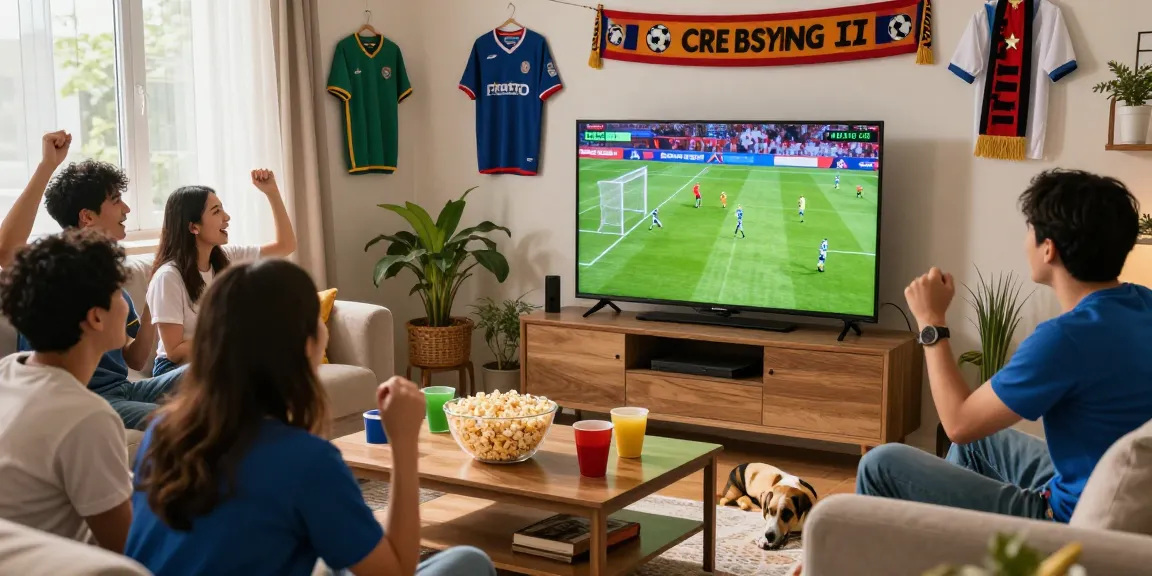 Teman-teman menonton live streaming bola di ruang tamu dengan antusias.