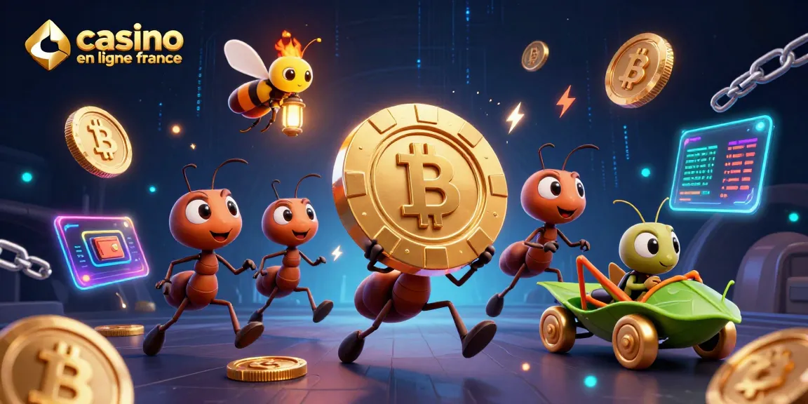Des fourmis transportant une énorme puce de poker, illustrant un casino en ligne France.