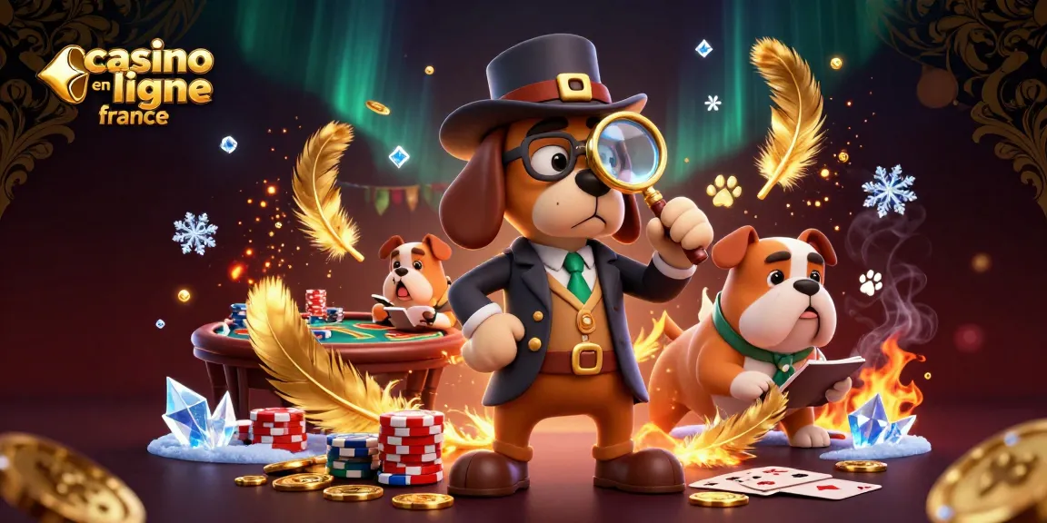 Jouez avec passion sur casino en ligne France avec une illustration captivante d'un détective canin résolvant des indices de poker.