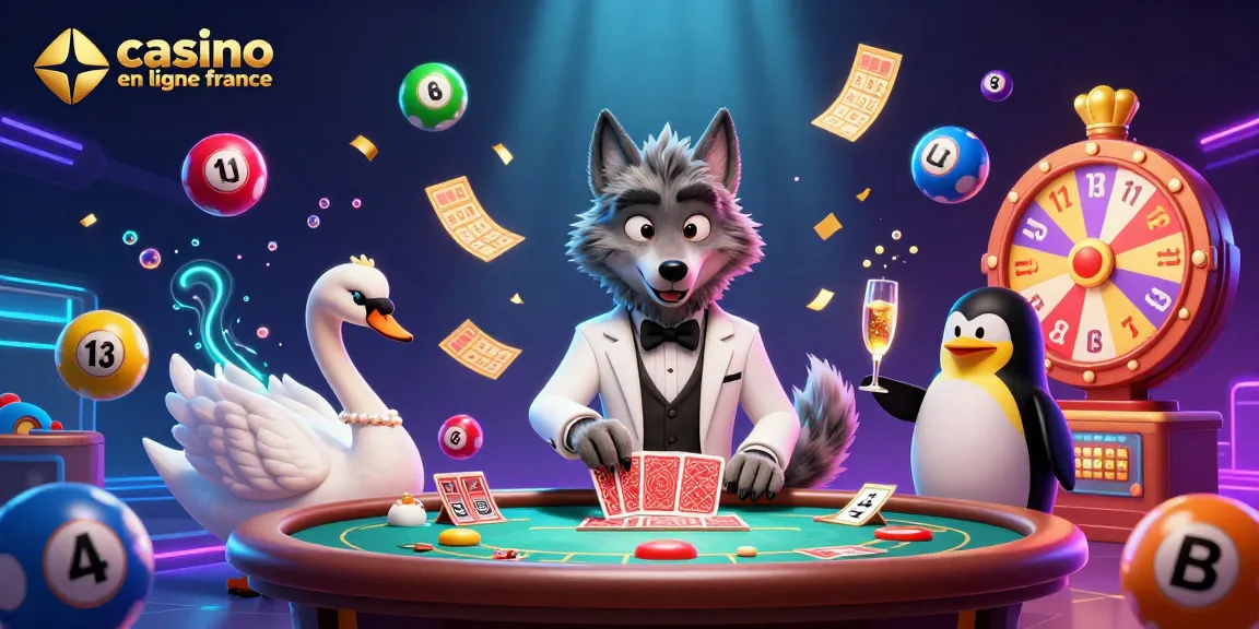 Illustration dynamique de casino en ligne France mettant en scène un loup sophistiqué, un cygne élégant et un pingouin sommelier.