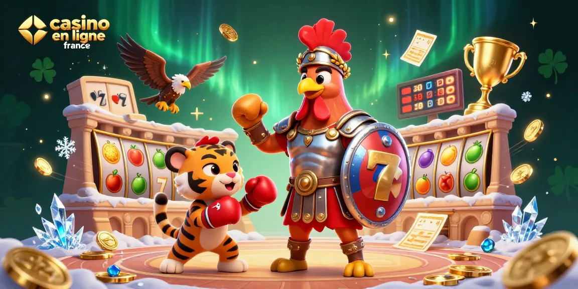 Illustration dynamique d'un casino en ligne France avec un coq romain et des éléments de jeu.